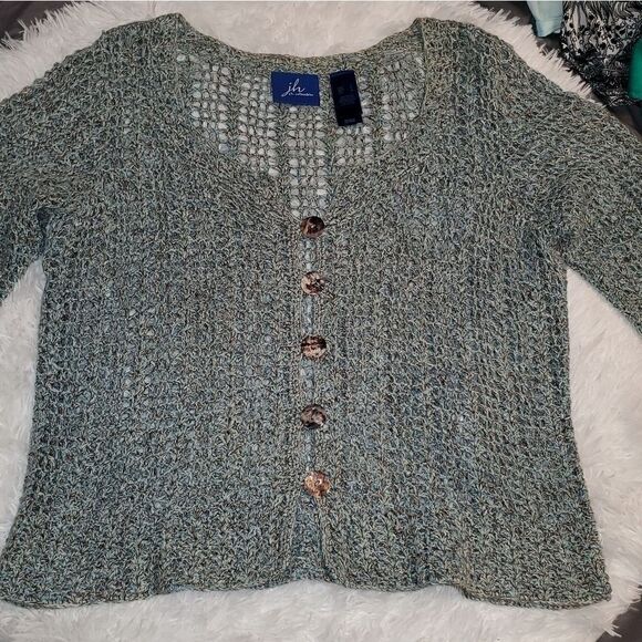 J.H. collectibles crochet 3/4 Sleeve Button Up Cardigan Sweater Sz L - Picture 5 of 5